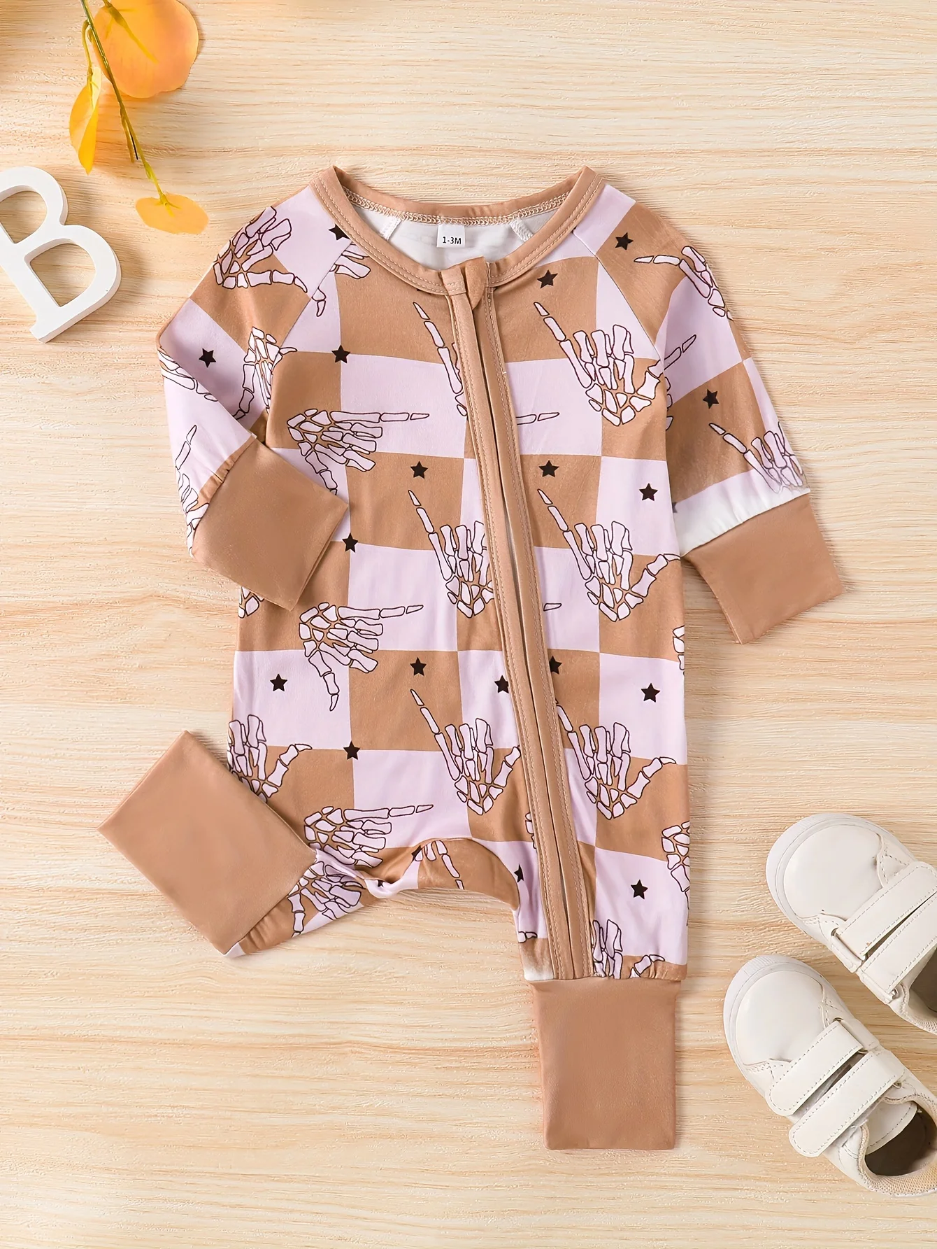 Mameluco con cremallera y estampado de esqueleto para bebé | Mono de manga larga a cuadros rosa y marrón | Traje de bebé de Halloween de otoño