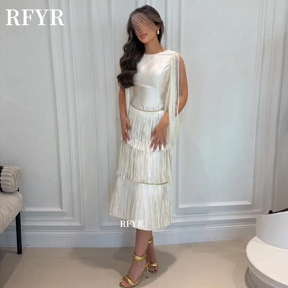 

RFYR Tea Length Evening Dress with Tassels Party Dress Layers Celebrity Gala Dress for Women vestidos de fiesta Customized