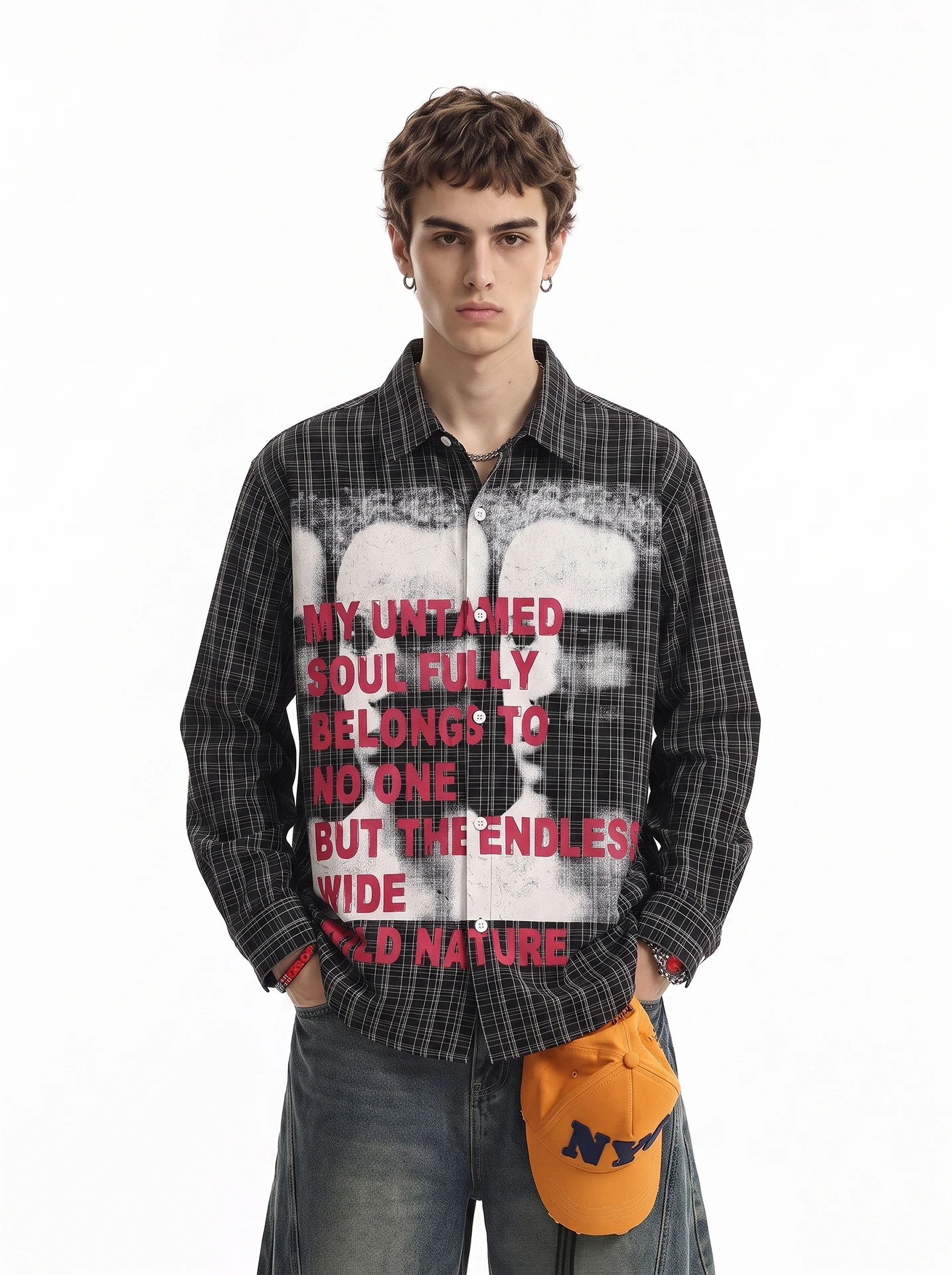 American Style Retro Print Letter Long Sleeve Shirt Men's Loose Shirt Autumn Street Style Fashionable Checkered Casual Shirt