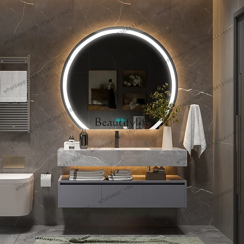 Customizable .-Bathroom Cabinet Slate Integrated Basin Light Luxury Cream Wind Solid Wood Toilet Wash
