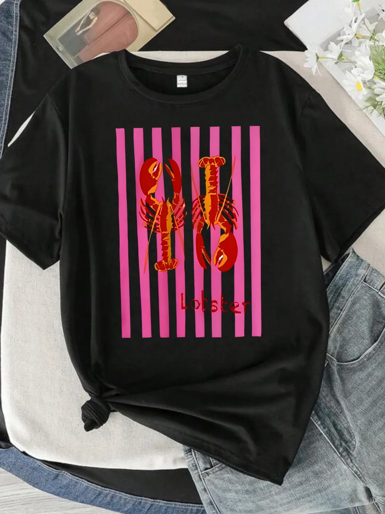 American Summer Marine Lobster Ins Printed Women Casual T-shirt Short Fashionable Y2k Personality Round Neck Comfortable T-shirt