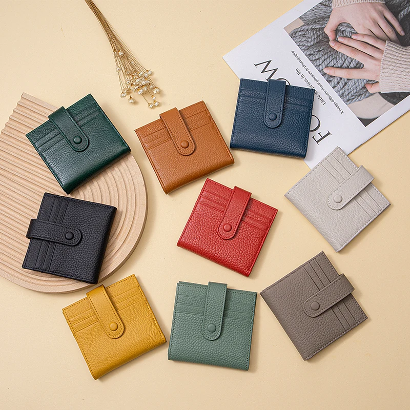 Genuine Leather Women RFID Blocking Ultra-Thin Mini Short wallet Small women's two-fold purse  with 9 Cards Slots, 1 Coin pocket