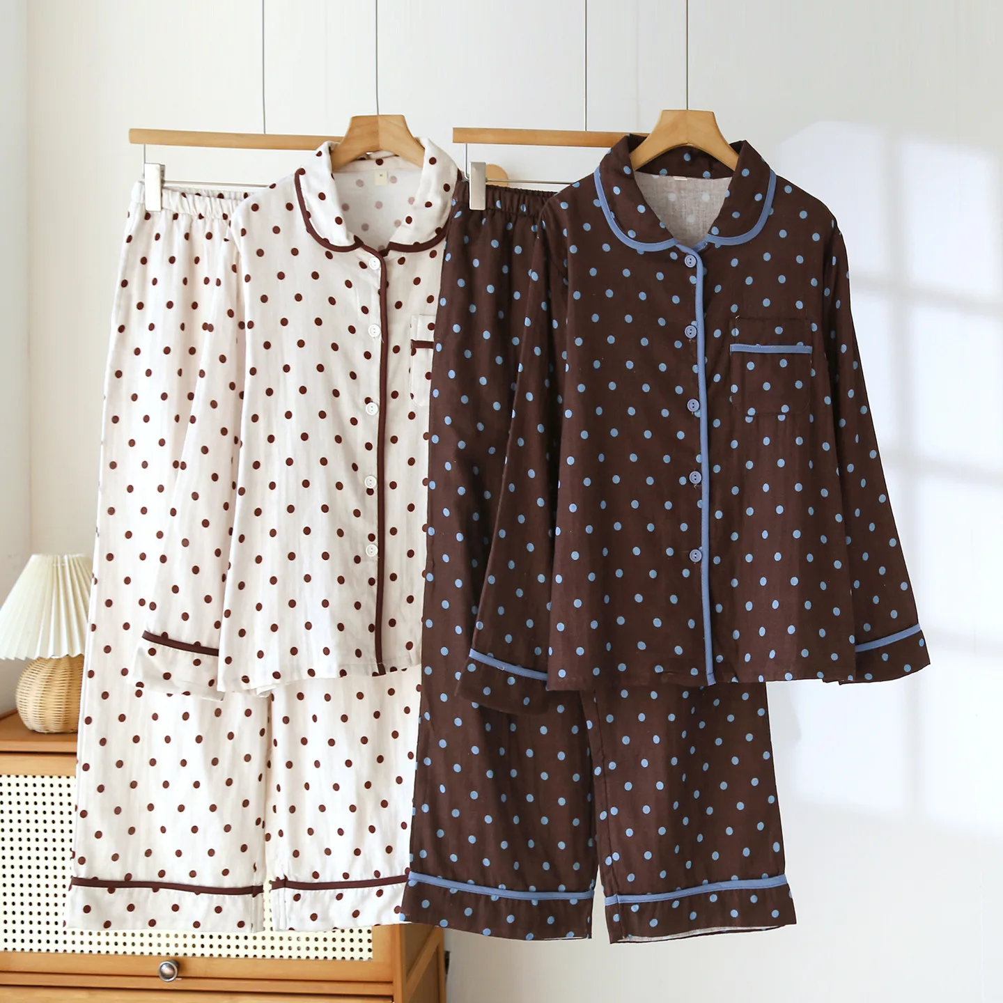 

Women's Lapel Pajama Set Polka Cot Cotton Gauze Retro Long Sleeve Shirt Pant Two Piece Set Large Home Clothes