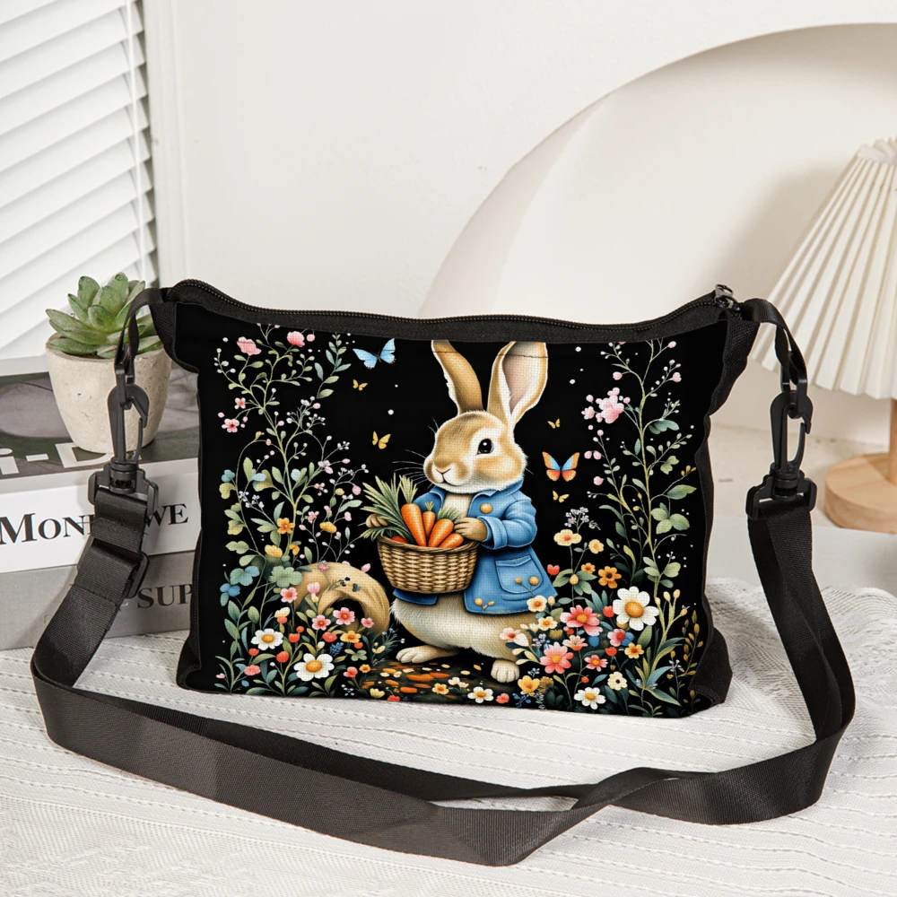 1pc Rabbit Garden Floral Print Crossbody Bag Black Bunny With Carrots And Flowers Shoulder Bags For Women Girls Casual Outdoor T