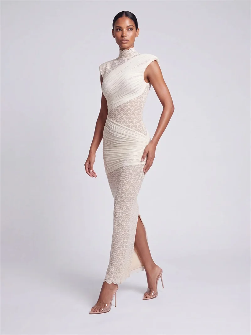 Beige Lace Prom Dress Sexy High Neck Backless Sleeveless Long Sheath Party Gown Slim‑Fit Casual Daily Birthday Evening Robe - view 2