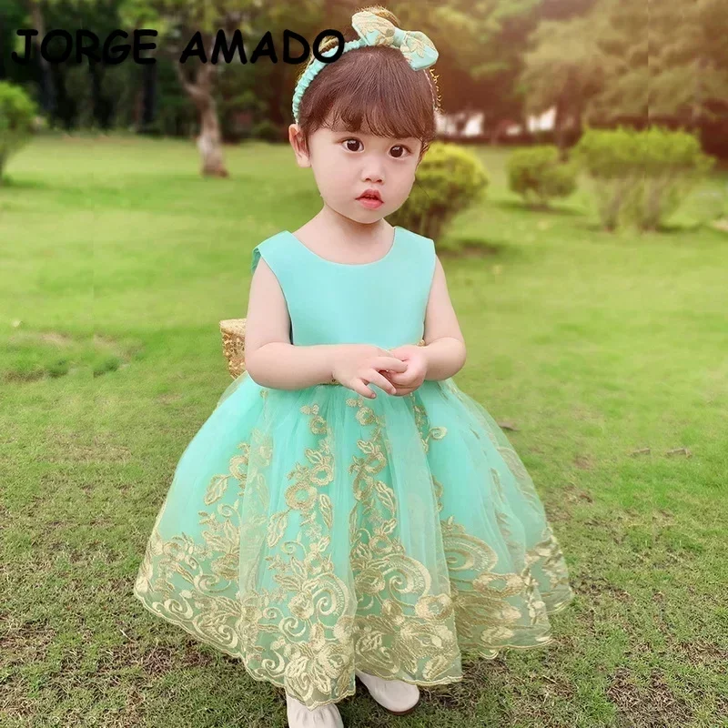 2024 Baby Girls Party Dress Sleeveless Champagne Embroidery Princess Dress with Headband Wedding Perform Birthday E8557