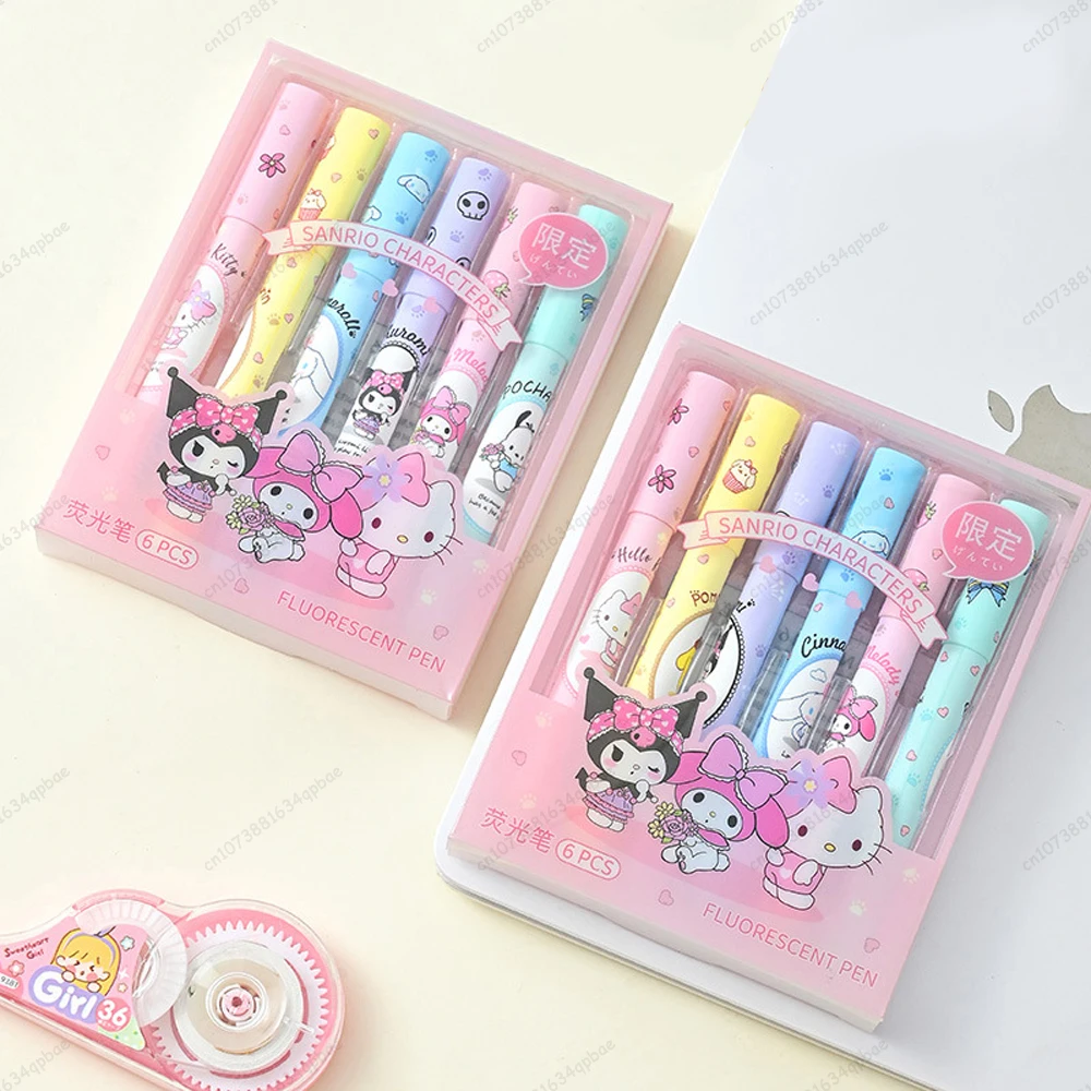 MINISO Sanrio 6pcs Highlighter Lolita Series Hello Kitty Kuromi Cute Graffiti Painting Pens Classroom Markers Student Stationery