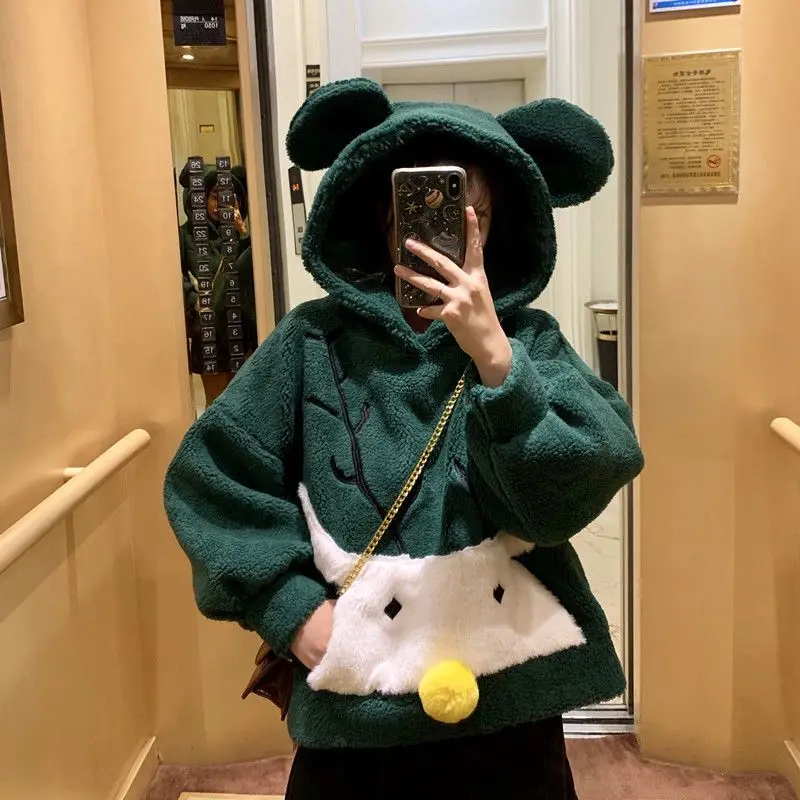 

Women Hoodies Teddy Coat Green Harajuku Loose Kawaii Clothes Female Korea Sweatshirt Oversized Hoodie Christmas Deer Cute 2022