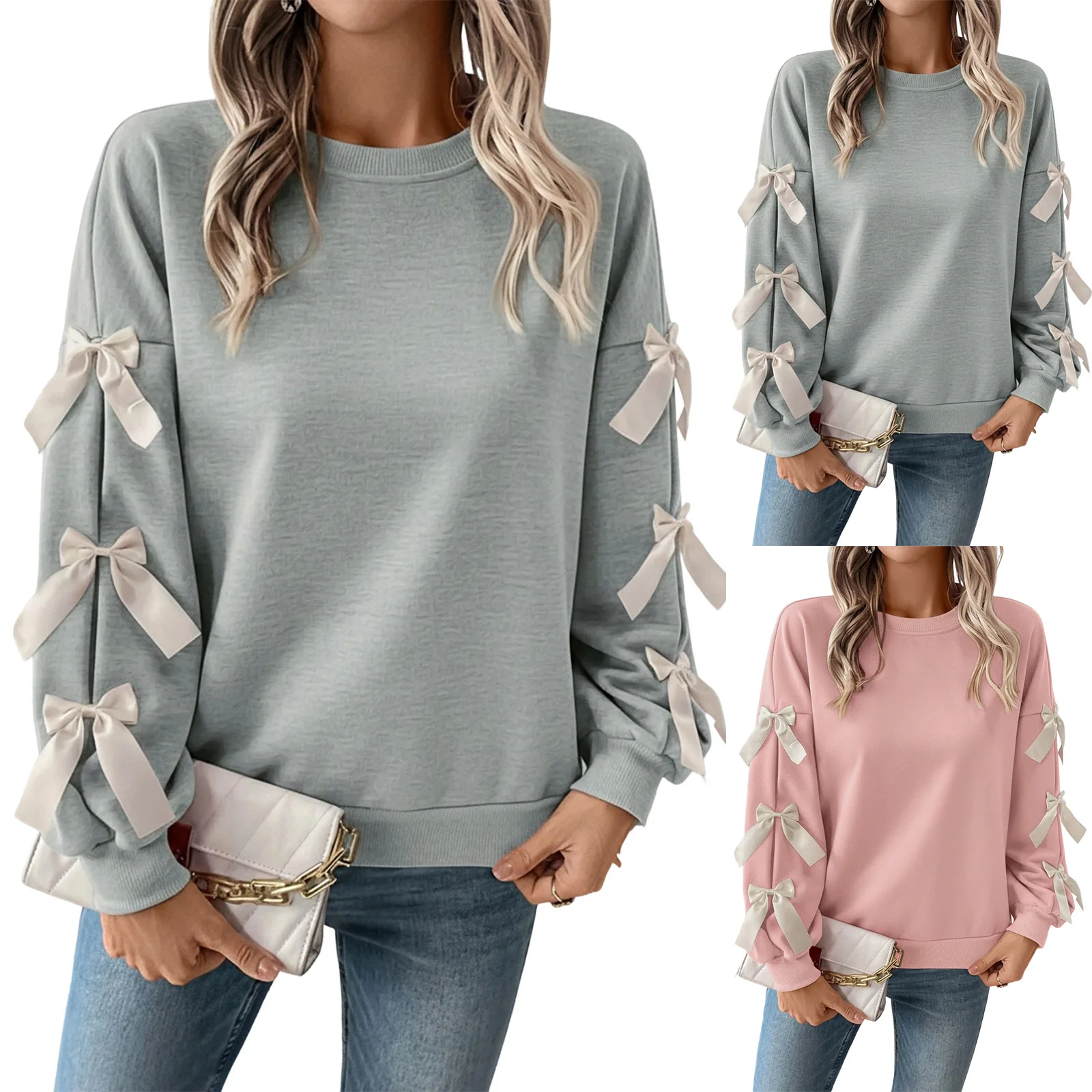 Mulheres pulôver topos manga longa arco sweatshirts o pescoço solto emendado casual básico pulôver primavera outono senhoras topos