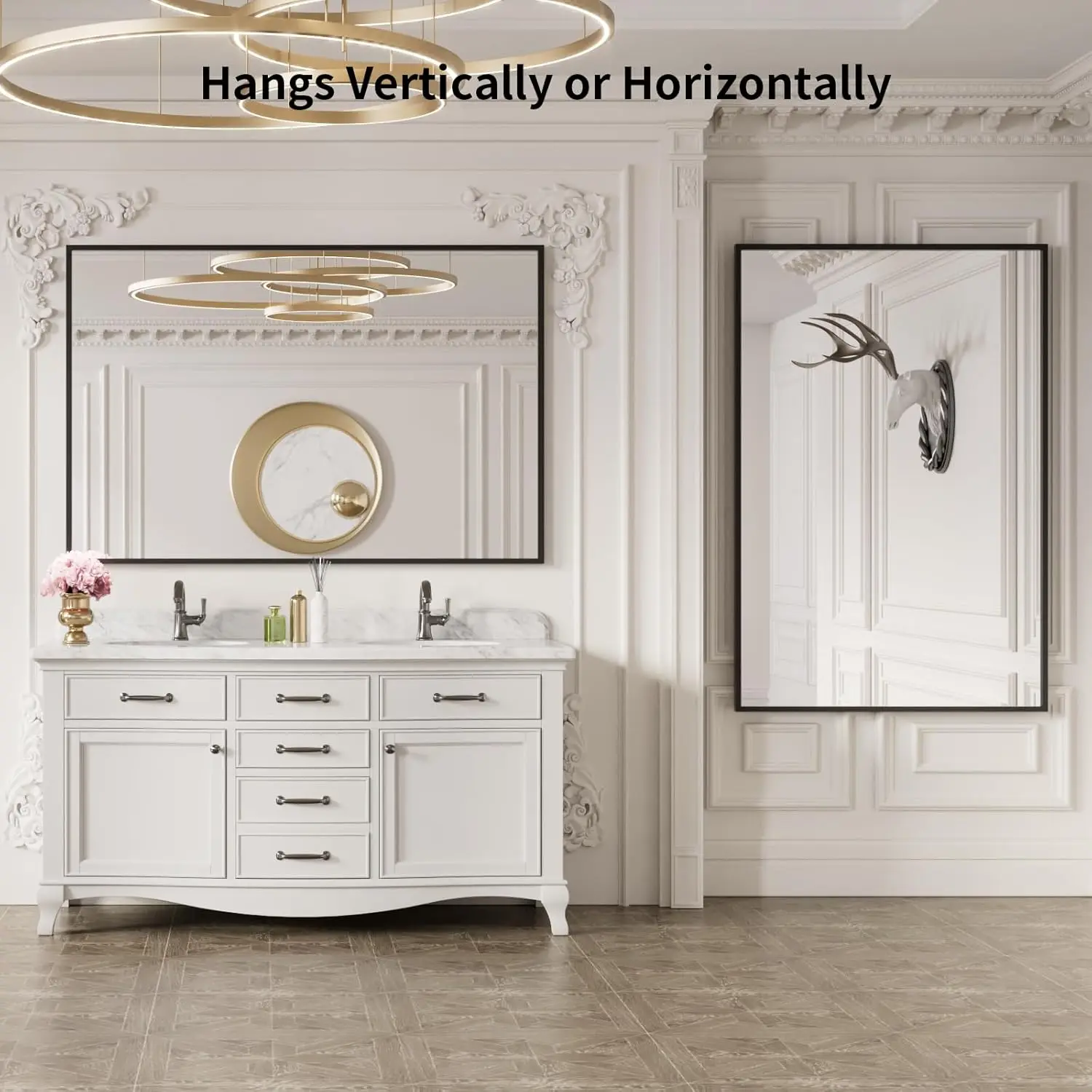 Dinding Cermin Kamar Mandi Persegi Panjang Hitam 60"X40", Bingkai Paduan Aluminium Hitam Matte, Kaca Tempered