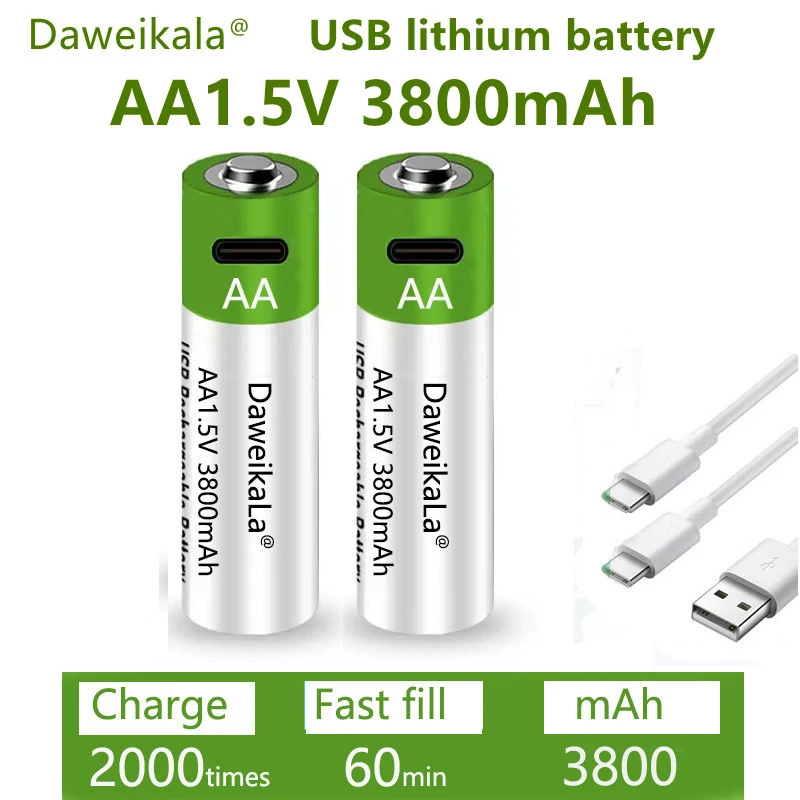 Fast charging 1.5V AA lithium ion battery with 3800mah capacity and USB rechargeable lithium USB battery for toy keyboard