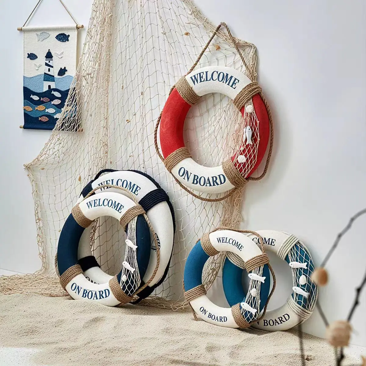 Mediterranean Fishing Net Decoration Lifebuoy Creative Background Wall Restaurant Children'S Room Wall Decoration
