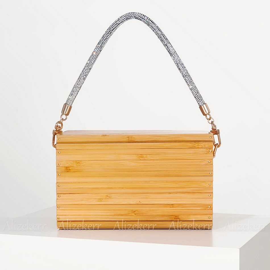 Alizekerr Cuboid Box Bamboo Beach Handbags Women 2024 Boutique Summer Vintage Rhinestone Handle Wood Straw Bags Bohemian Holiday