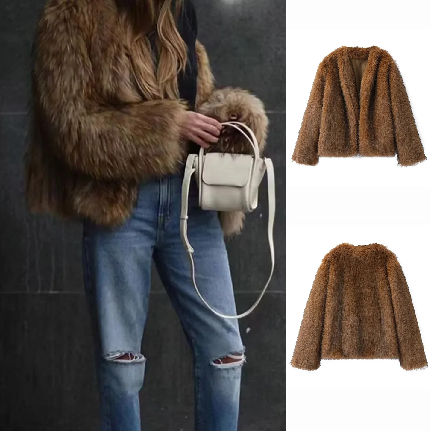 レトロな女性用カーディガンコート、オーバーサイズ、ロング丈、ラウンドネック、ルーズフィット、フェイクファー風アウターウェア、冬の新作