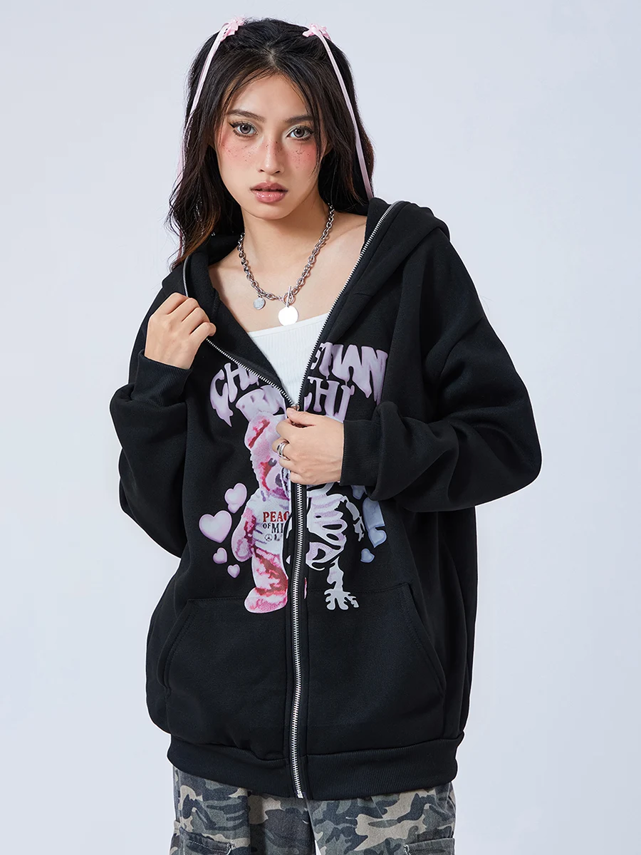 Sudadera con capucha Y2k con cremallera completa para mujer, sudadera gótica de gran tamaño, chaqueta gráfica de manga larga con diamantes de imitación para chica electrónica, ropa de calle