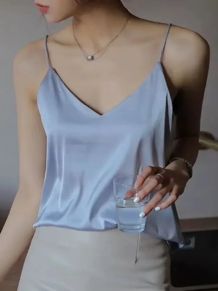 Women Halter V Neck Basic White Cami Spaghetti Strap Top Sleeveless Satin Silk 2026 Tank Tops Women'S Summer Camisole image 2