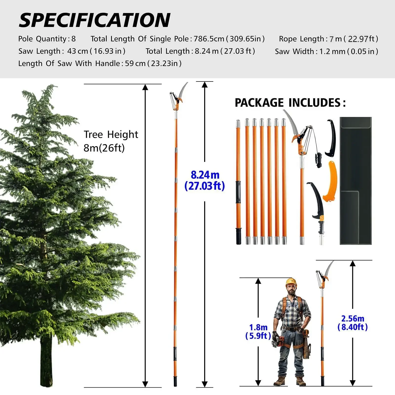 7.3-27ft Lightweight High-strength Alloy Steel Adjustable Height Manual Extension Pole Pruner Tree Trimmer With Dual Hook Kn