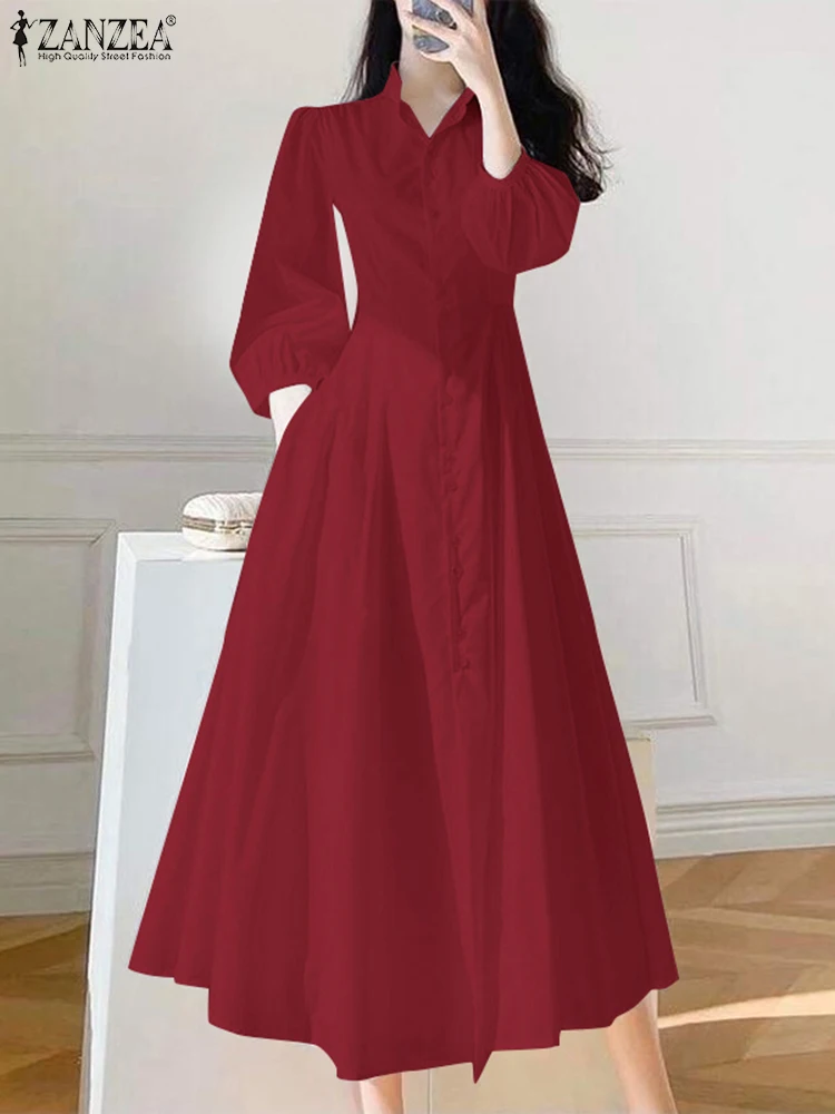 ZANZEA-Robe mi-longue à col montant pour femme, chemise à manches lanterne, robe évasée, streetwear décontracté, printemps, éducatif, 2025