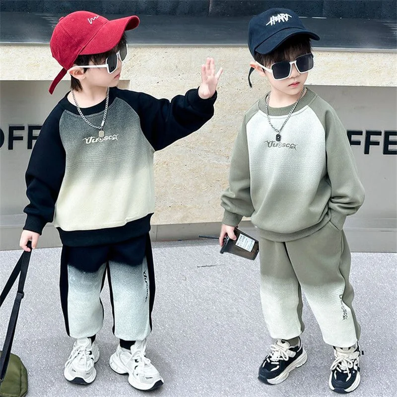 Boys Sweatshirt Sets Children's Sports Suit 2026 Spring Autumn Two-Piece Kids Letters Top Pants Outfit Teenage Gradient Clothes