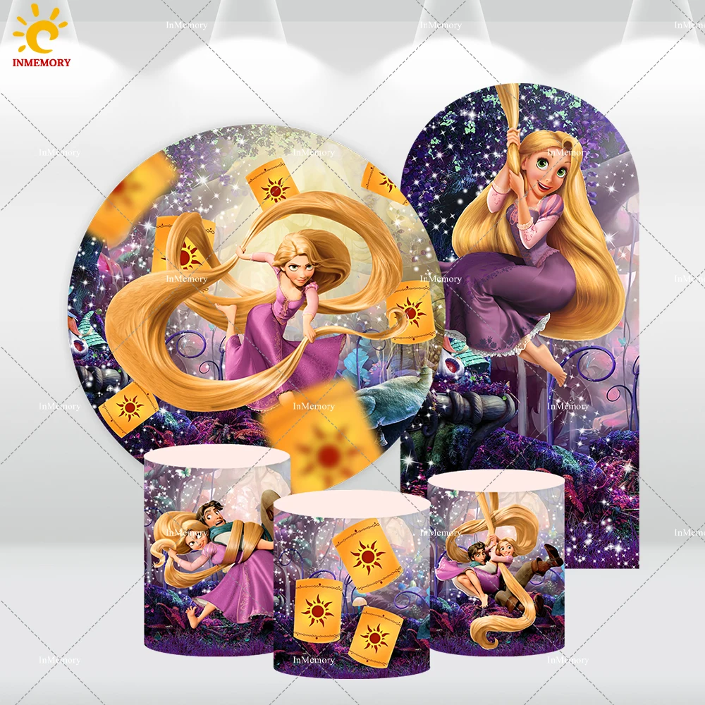 Cubierta de arco de cumpleaños enredado de princesa Rapunzel, fondos de fotografía, fondo redondo, linterna de círculo, cubiertas de cilindro de