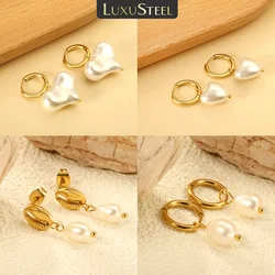 LUXUSTEEL 2PC/1pair love Heart Imitaiton Pear Hoop Earrings for Women Stainless Steel Drop Earring Romantic Valentine's Day gift