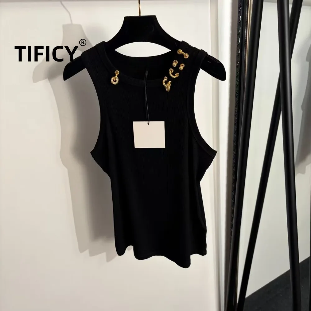 High Street Cotton Tight Fitting Versatile Tanks Camisole Top Women's Round Neck Sleeveless Metal Decorative Thread Early Summer