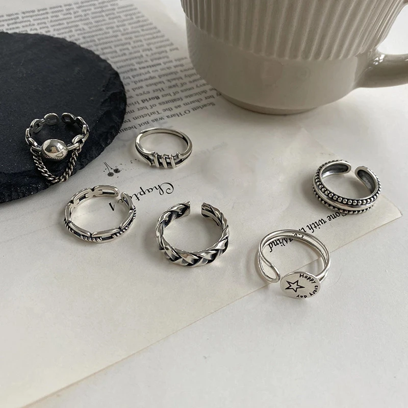 FOXANRY Silver Color Rings Fashion Couples Hip Hop Vintage Simple Geometric Design Thai Silver Party Jewelry Wholesale
