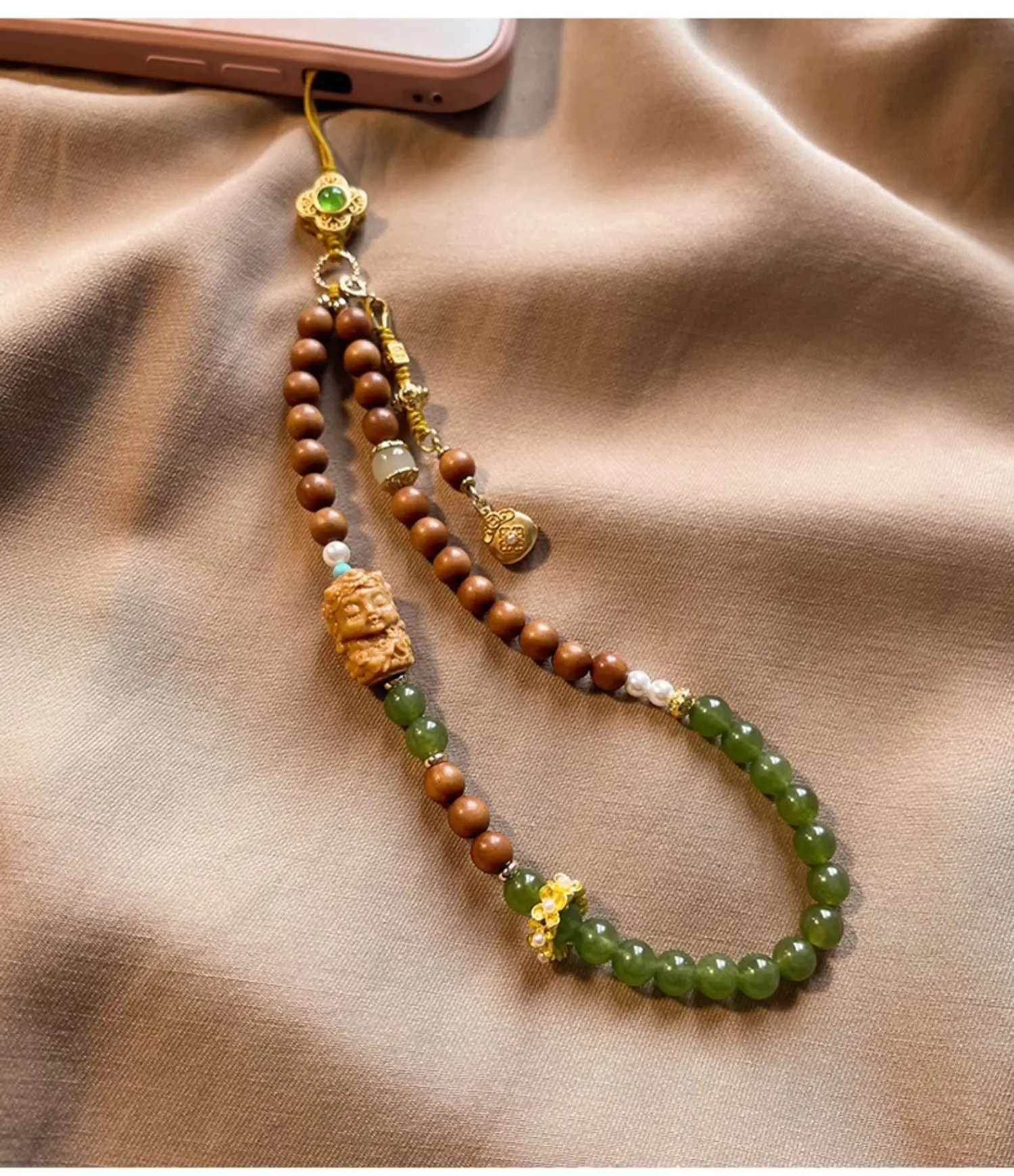 Exquisite bath spoon phone chain, agate and sandalwood phone pendant, lucky charm wrist strap, anti-loss accessory, Chinese styl