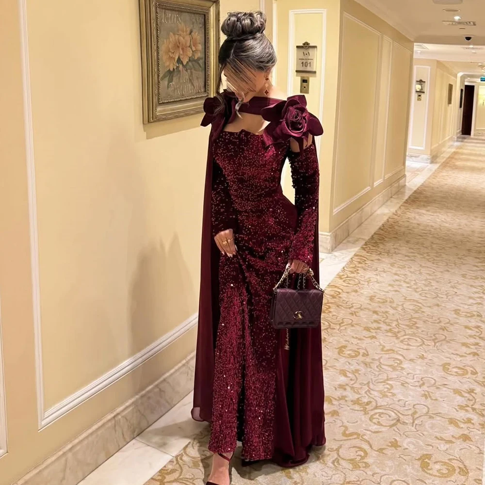 

Customized Burgundy Velour Square Collar Sequined Evening Dress Flower Appliques Full Sleeves Floor Length Party Prom Gown