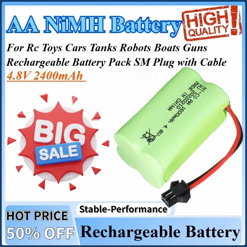 

4.8V 2400mAh AA NiMH Rechargeable Battery High Quality For Rc Toys Cars Tanks Robots Boats Guns Battery Pack SM Plug with Cable