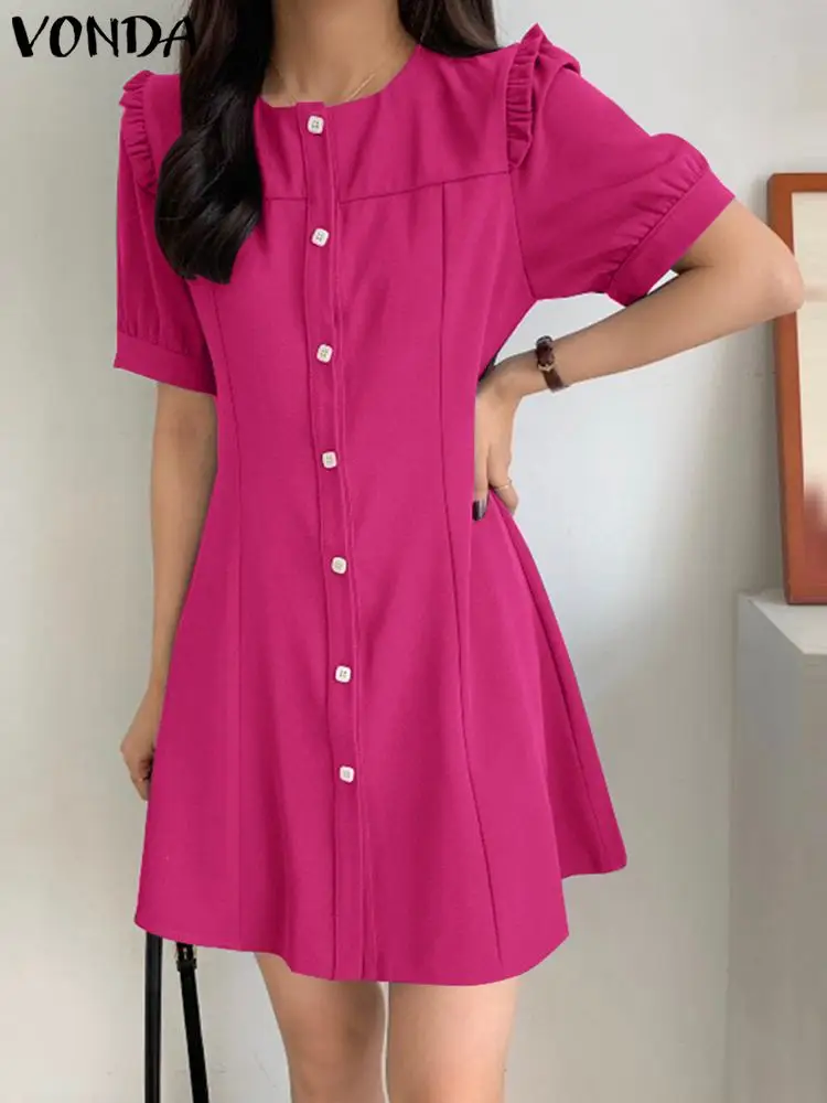 

Summer Mini Dress VONDA Women Elegant Short Puff Sleeve Sundress Casual Solid Color Vestidos Loose Party Robe Femme