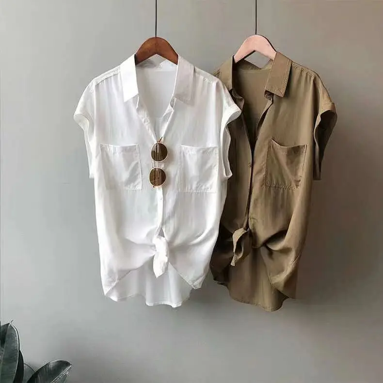 

Summer White Thin Svel Pure Cotton irt Women's Hong Kong Sle Faion ort Sve Collar Loose Fit Top