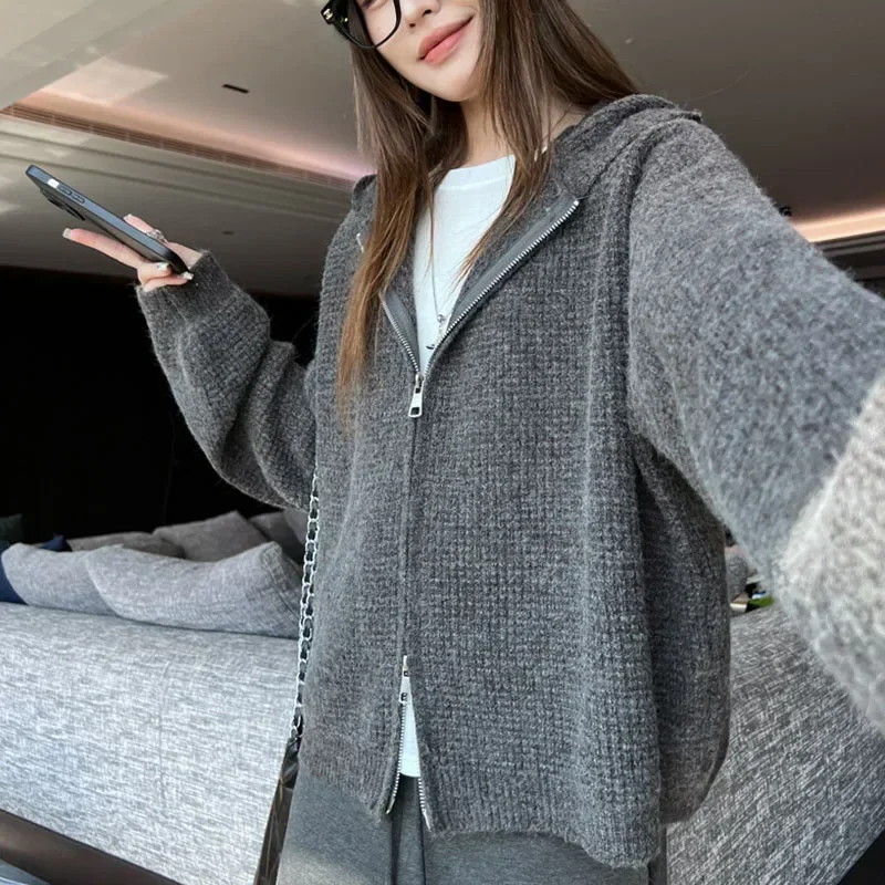 Winter Casual Autumn Sweater Jacket Women 2026 New Fashion Loose Zip-up Hooded Knit Cardigan Solid All-match Knitwear Cardigans