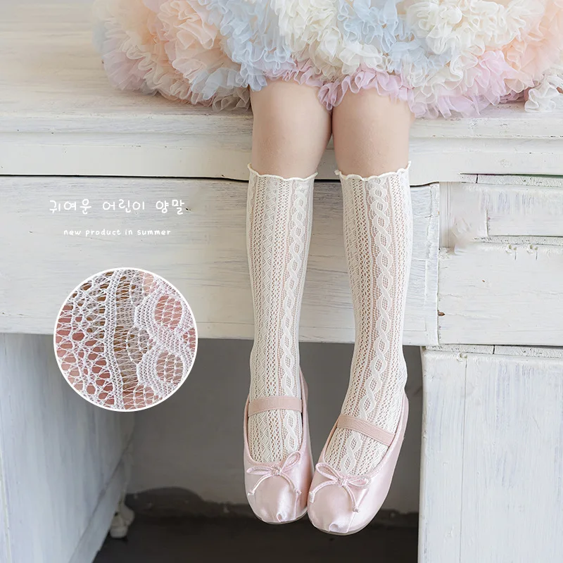 Children No‑Heel Hollow Mesh Knee‑High Socks 6+Yrs Kids Elastic Nylon Ruffle Frill Stackable Socks Lolita Style 3 Colors