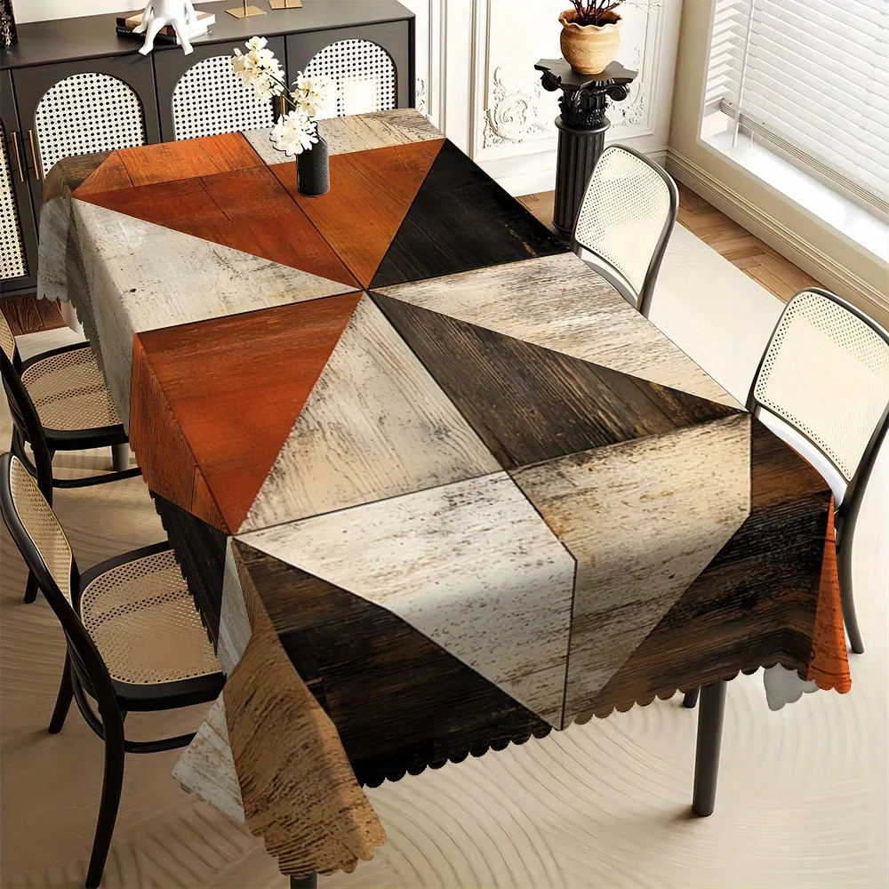 Wabi Sabi Vintage Spliced Timber Triangle Tablecloth Impermeable Wipeable Cover For Family Dinner Kitchen Multi Scene Table