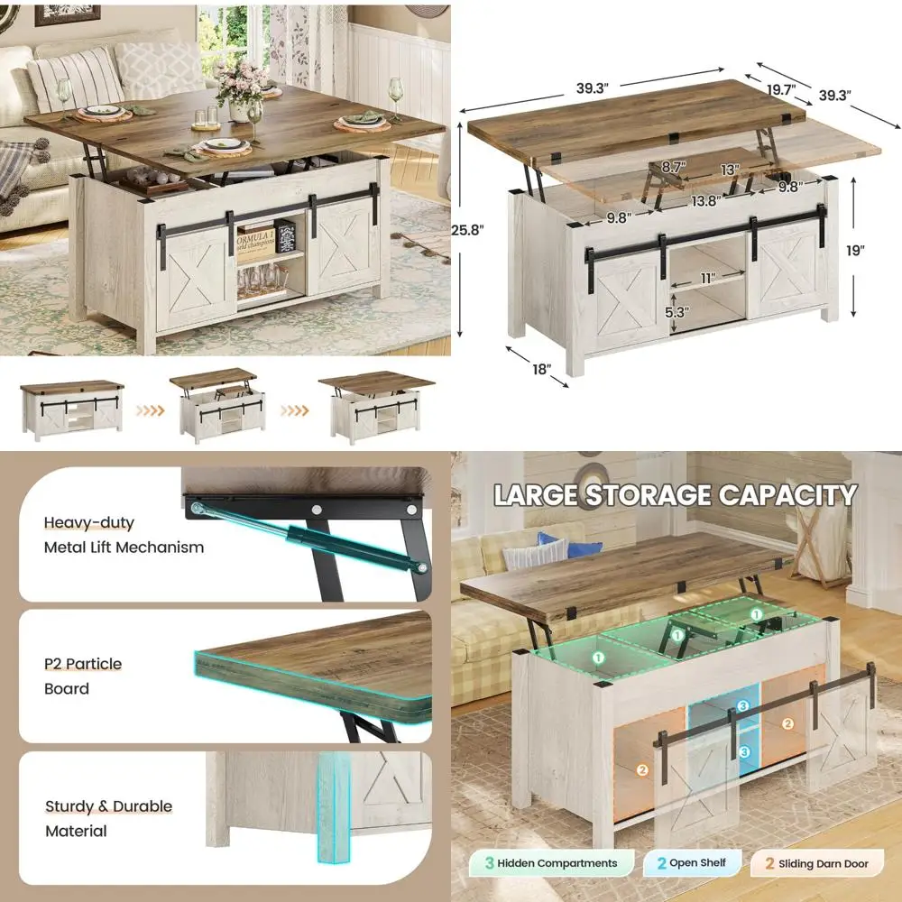 طاولة قهوة قابلة للتحويل 4 في 1 على طراز المزرعة مع مساحة تخزين وحجرة سرية