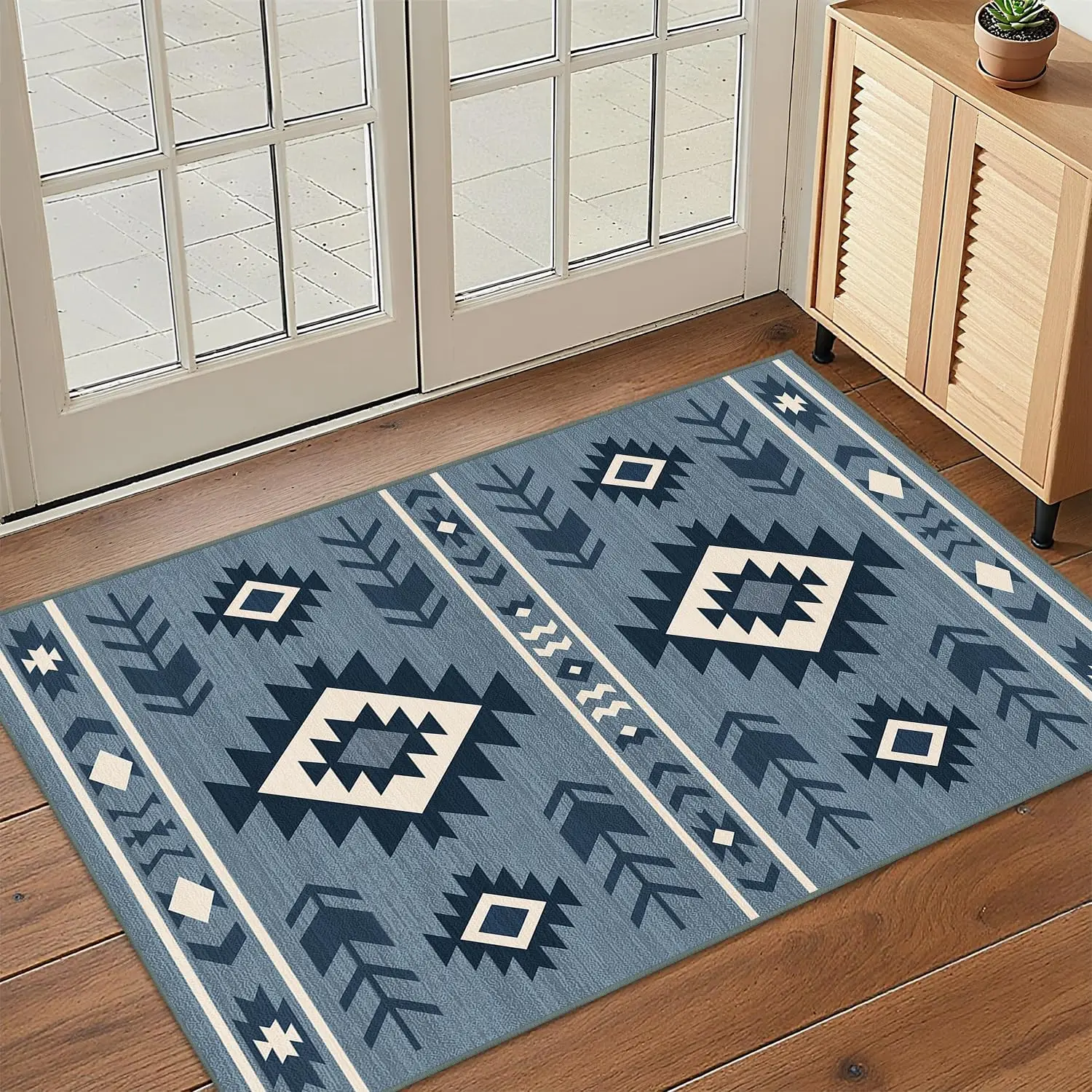 Blue Geometric Tribal Door Mat, Boho Aztec Pattern Floor Mat, Non-slip Entrance Rug, Modern Farmhouse Home Decor for Living Room