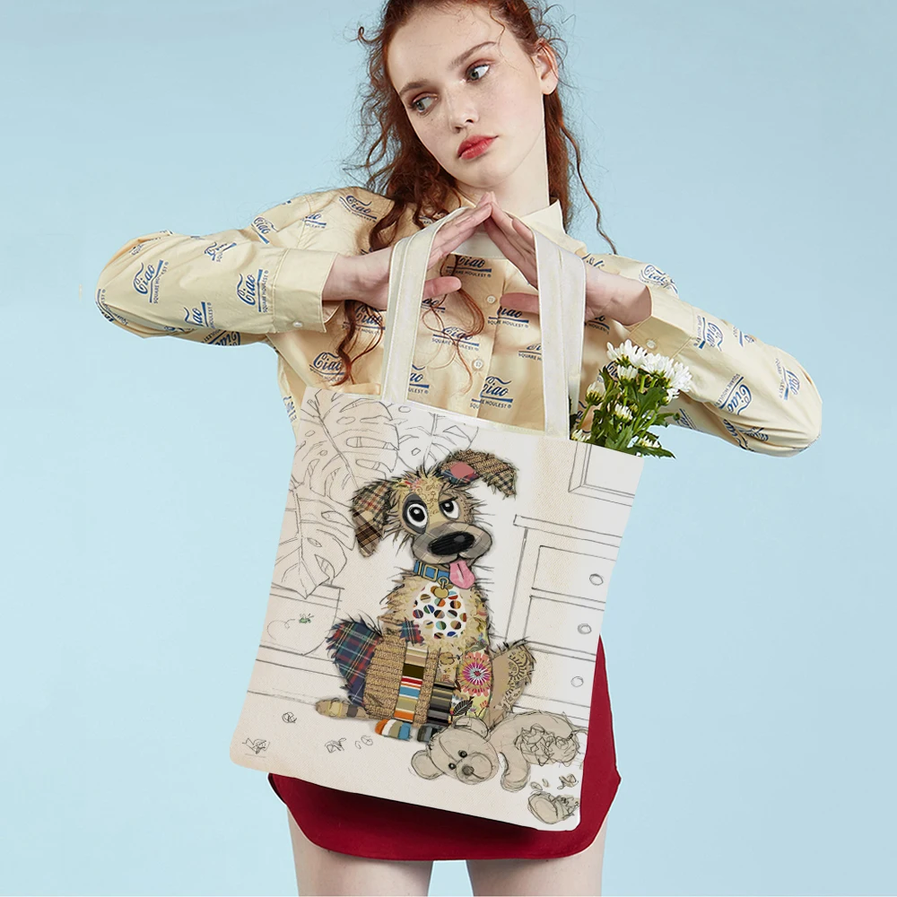 Casual Cartoon Animal Art Women Shopping Shoulder Bag Monkey Elephant Cat Dog Canvas Foldable Reusable Cloth Lady Tote Handbag