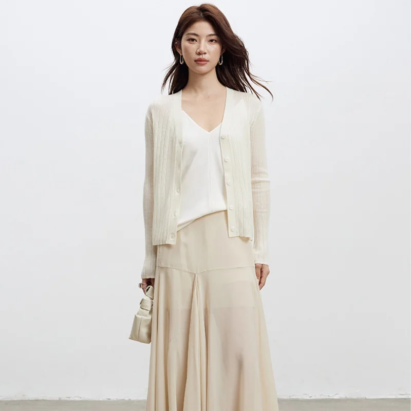 Birdtree 32.4% Sheep Wool 30.1% Acrylic Hollow Cardigan,Woman V-neck Autumn Full Sleeve Single Breasted Knit Coat Top T58510JF