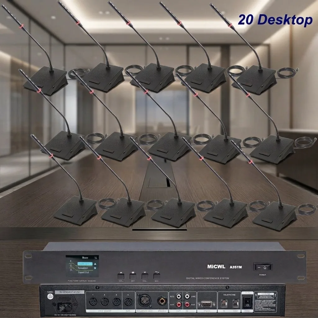 Pro 20 Pcs Desktop Microphone Gooseneck Conference Wired System, 1 Master with 20 Table Units for Meetings