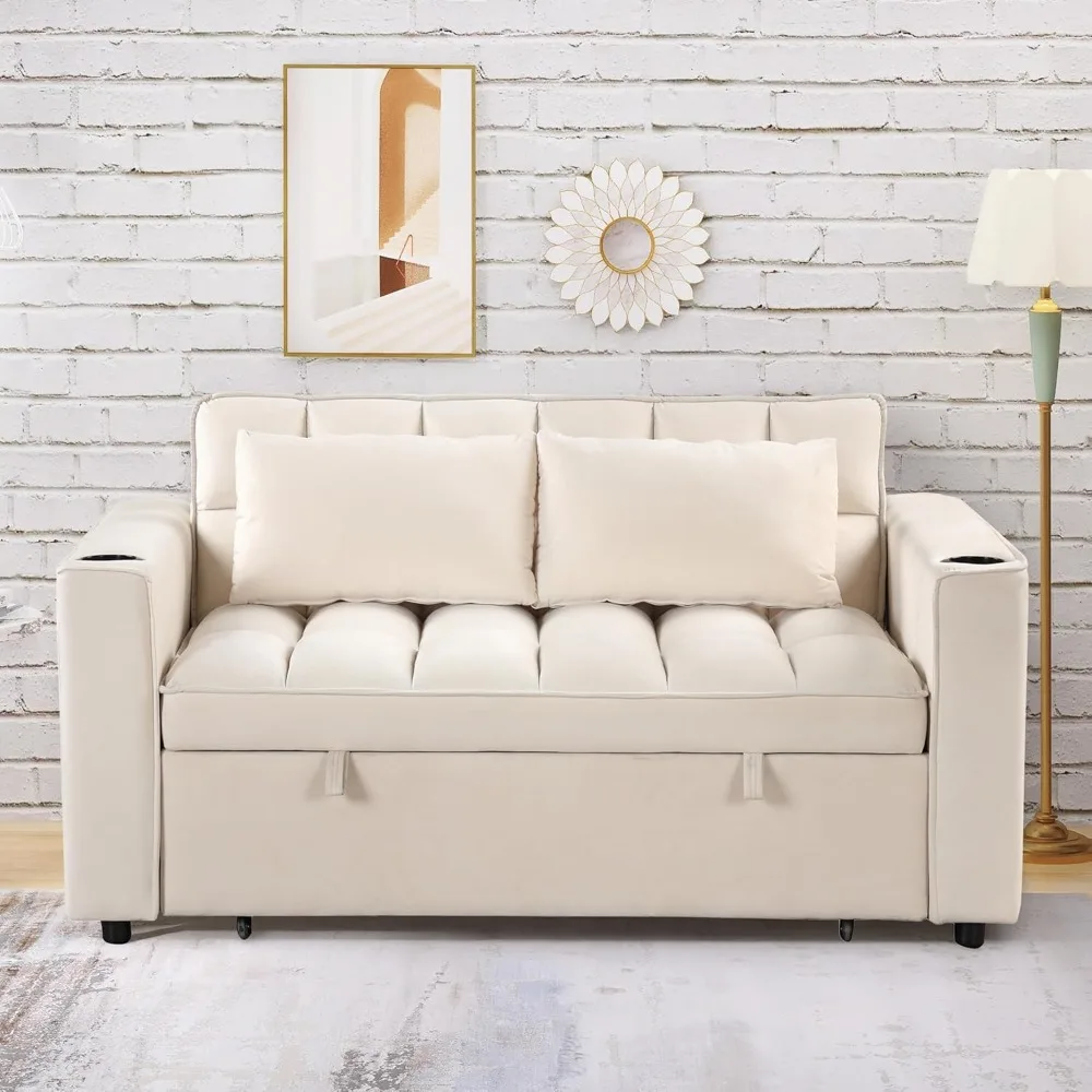 مقعد Loveseat مع سرير قابل للسحب مقاس 55.3 بوصة، وسرير أريكة مخملي قابل للتحويل مع حامل أكواب ومنفذ USB، ووسادتين، وBAC قابل للتعديل #4