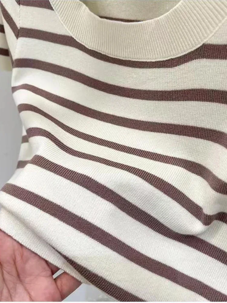 Woman Clothing Striped Short Sleeve T-shirt Slim Fit Tops Female O-Neck Knitted Sheath Tee Shirt Street Wear Sex Sporty Y2K New