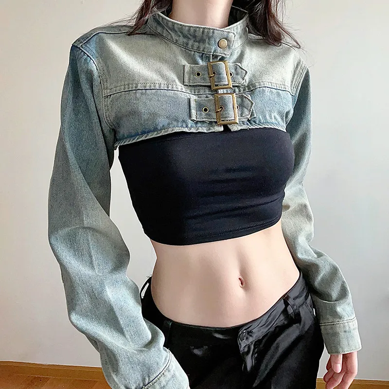 MEXZT Y2K Cropped Denim Jacket Women Vintage 90S Sexy Long Sleeve Jeans Coats Summer Gyaru Harajuku Streetwear Design Outerwears