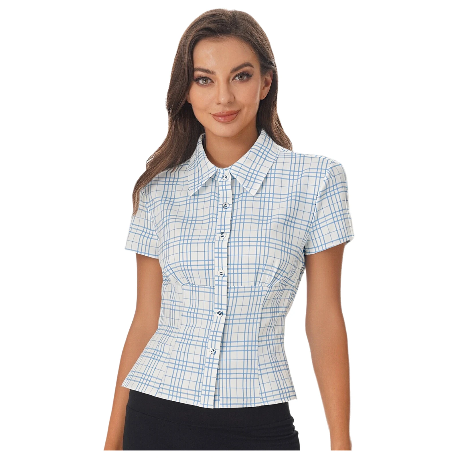 

Women Stylish Lines Check Print Basic Shirt Short Sleeve Front Button-down Plaid Blouse Tops for Office Daily Casual Vacation