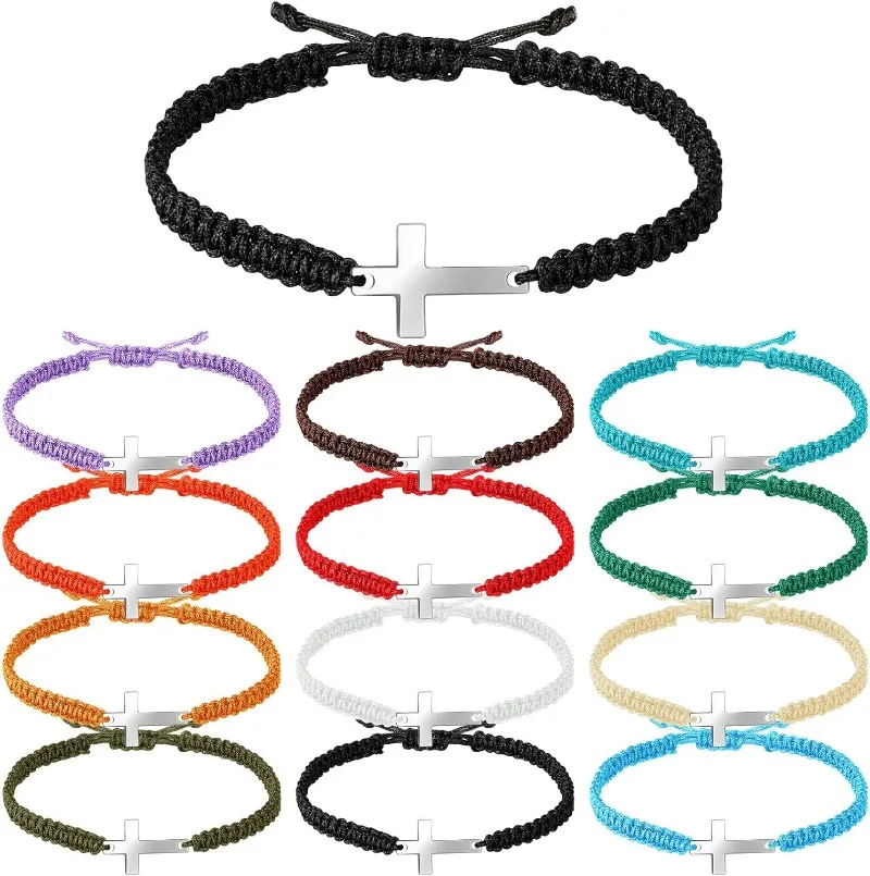 

12 Pcs Friendship Cross Bracelet Bulk for Women Men Jesus Christian Handmade Adjustable String Nylon Rope Braided Bracelet