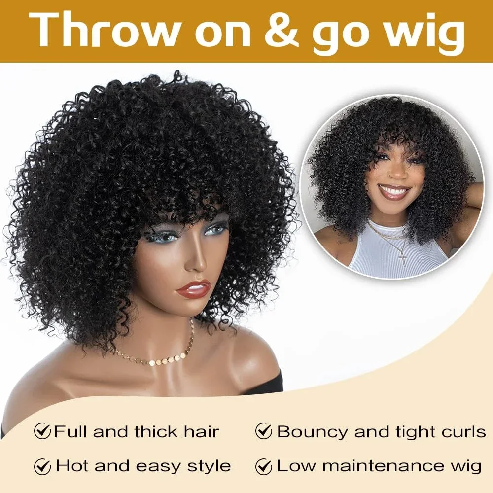 Short Curly Human Hair Wigs with Bangs Glueless Kinky Curly Wigs for Black Women 180% Density None Lace Front Wigs Natural Black