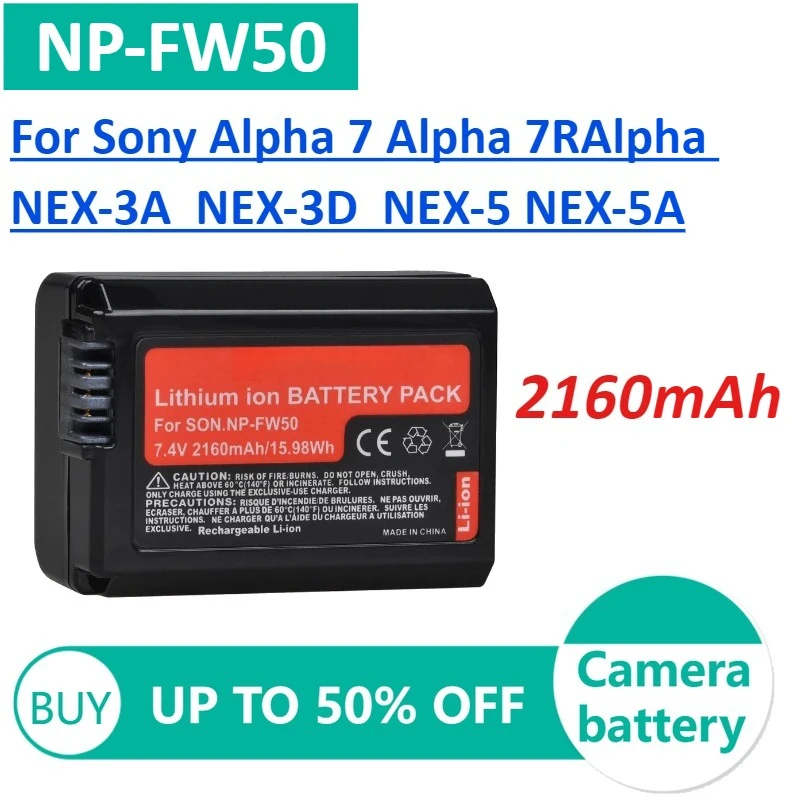 

2Pcs 2160mAh NP-FW50 Camera Batteries for Sony Alpha 7 Alpha A3000 NEX-3 NEX-3A NEX-3D Rechargeable Battery