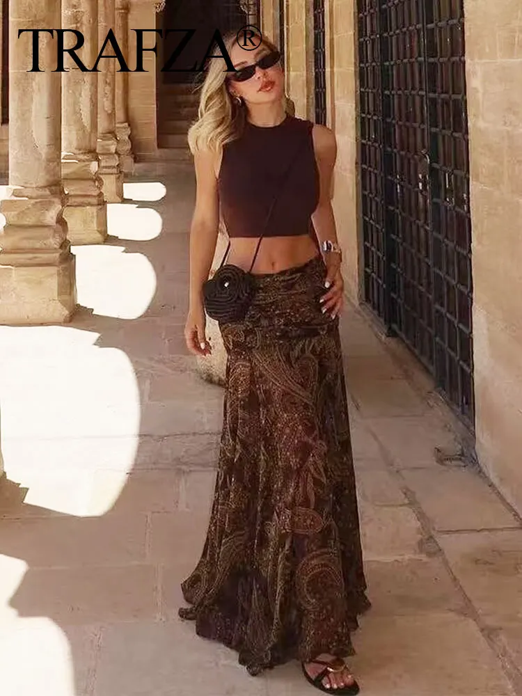 

TRAFZA Female Autumn Vintage Printed Skirt High Waist A-line Pleated Design Side Zipper Women's Street Fashion Slim Midi Skirts