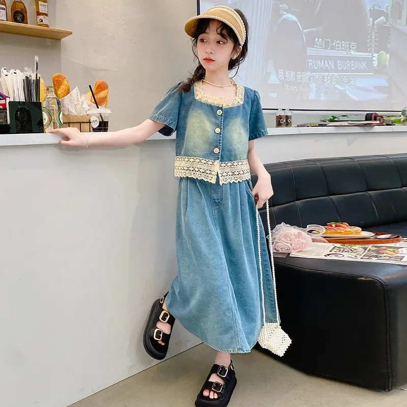 

Girls Denim Set Summer 2024 New Short Sleeve Tops Skirt Two Pieces Teen Kids Clothes Blue Thin Children Outfits 4 To 14 Years