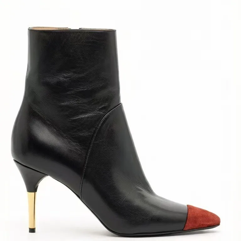New Autumn/Winter Women's Black Ankle Boots Red Suede Toe Cap Gold Kitten Heel Pointed Toe Elegant Fashion versatile Short Boots